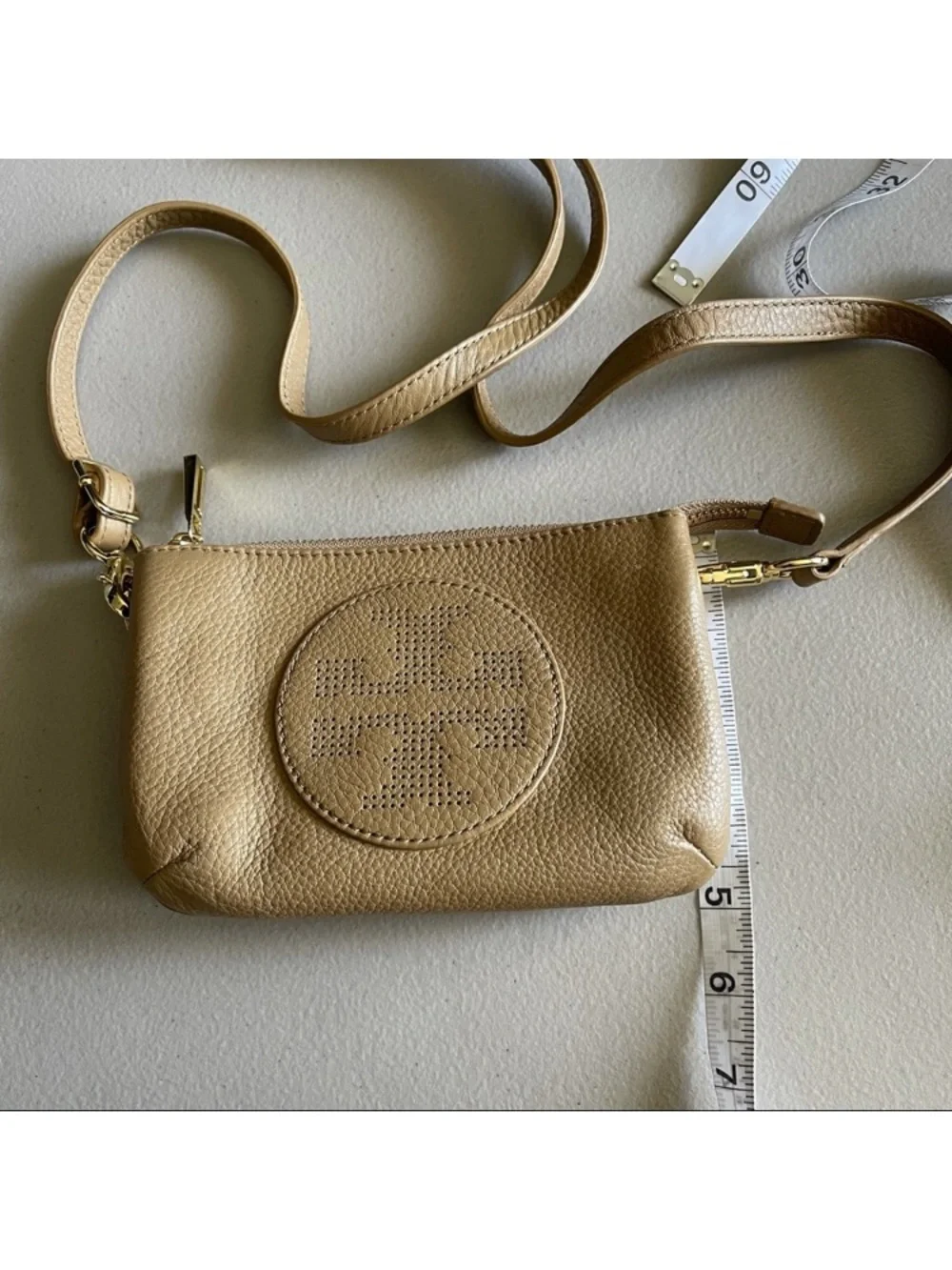 Tory Burch Perforated Logo Leather Crossbody - Tan